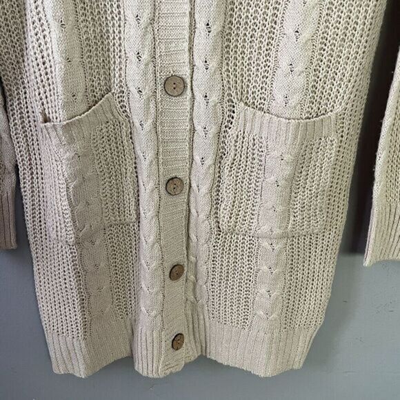 Aster Womens Button Cardigan Chunky Cable Knit Coastal Size L Beige Pockets - Picture 3 of 9